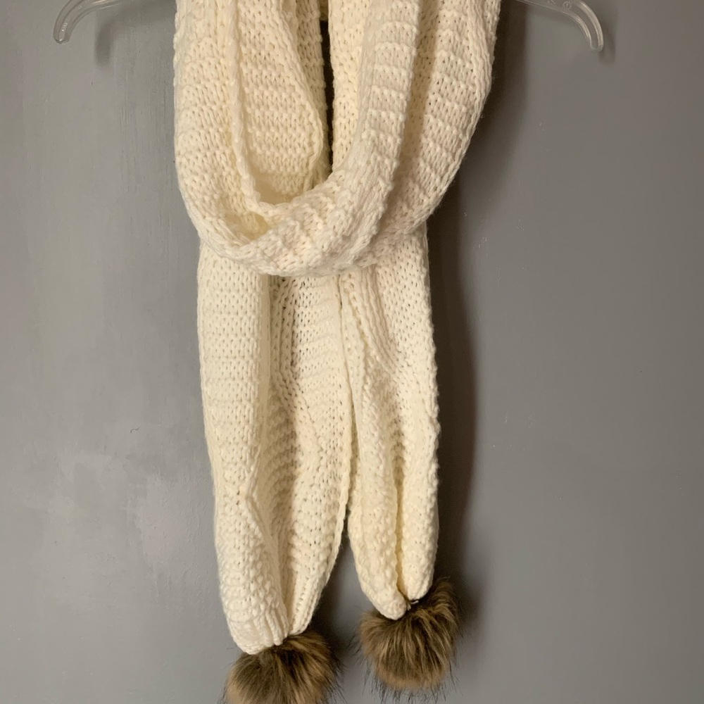 delia's white scarf with poms